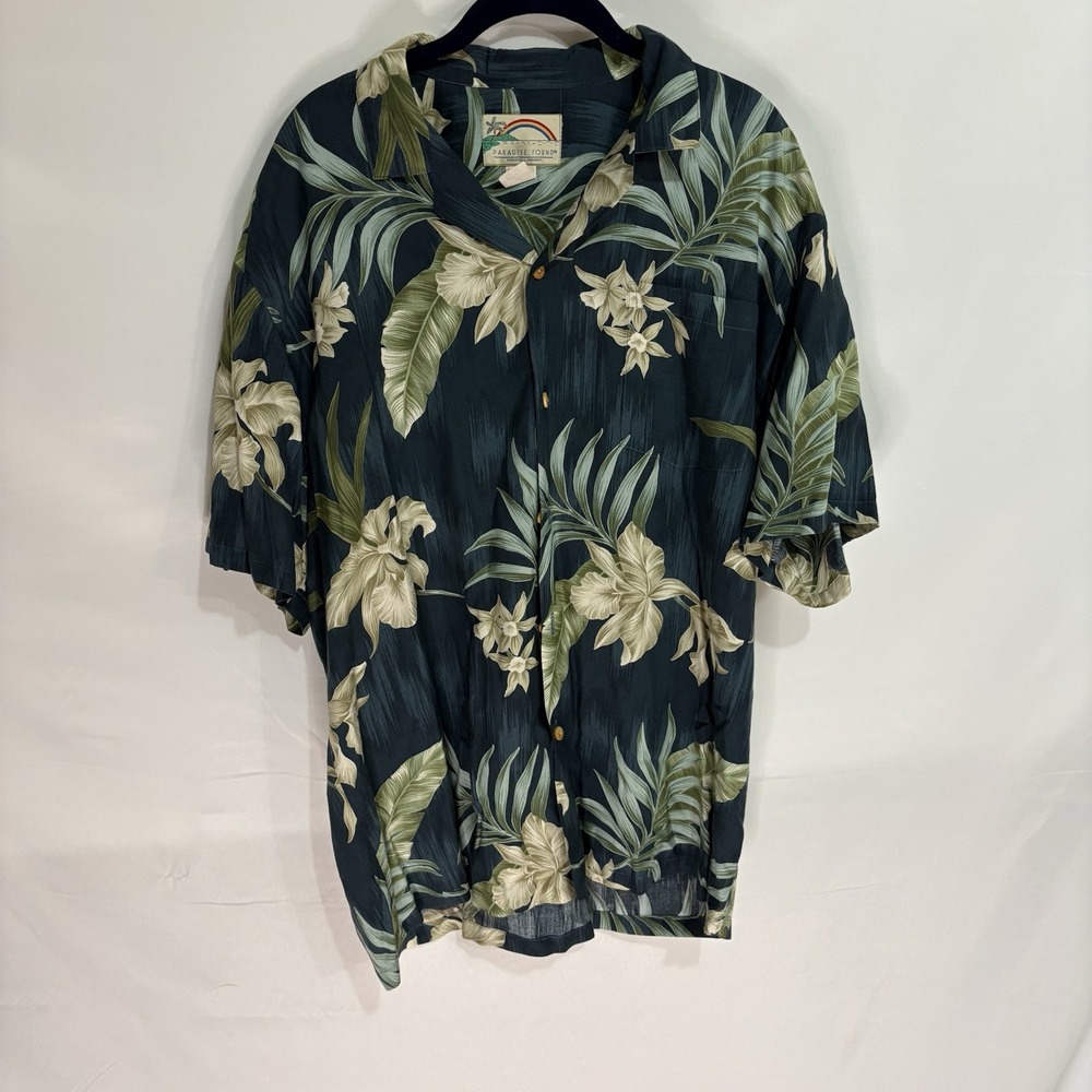 Paradise Found Hawaiian Shirt Men's L Blue Rayon Made in Hawaii USA VTG Floral